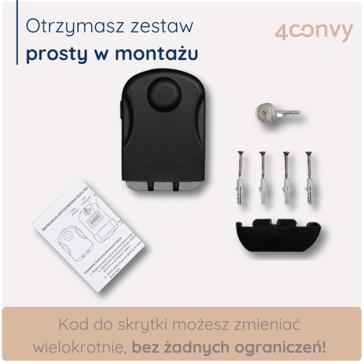Komplet montażowy do sejfu na klucze – śruby, kołki i instrukcja, wszystko co potrzebne do instalacji sejfu PRO