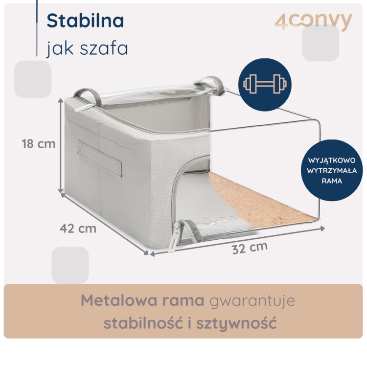 Torba do przechowywania 24 litry ze stelażem – sztywna i stabilna konstrukcja. Zdjęcie z wymiarami i szczegółami budowy torby.