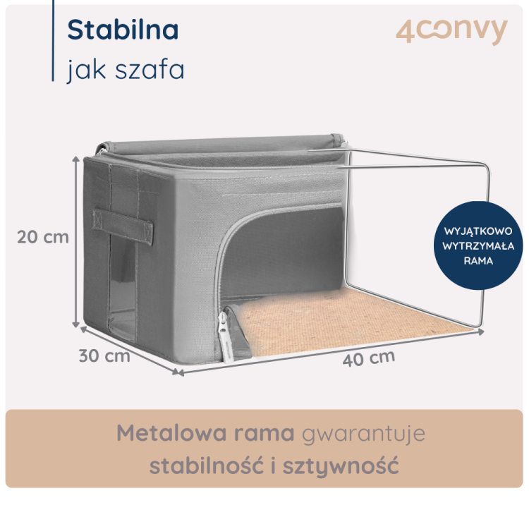 Torba do przechowywania 24 litry ze stelażem – sztywna i stabilna konstrukcja. Zdjęcie z wymiarami i szczegółami budowy torby.