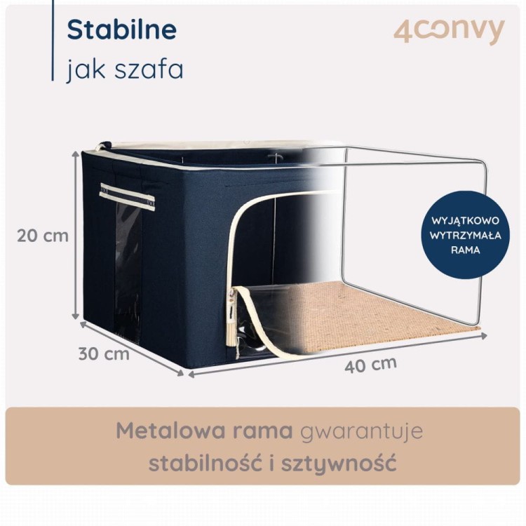 Torba do przechowywania 24 litry ze stelażem – sztywna i stabilna konstrukcja. Zdjęcie z wymiarami i szczegółami budowy torby.