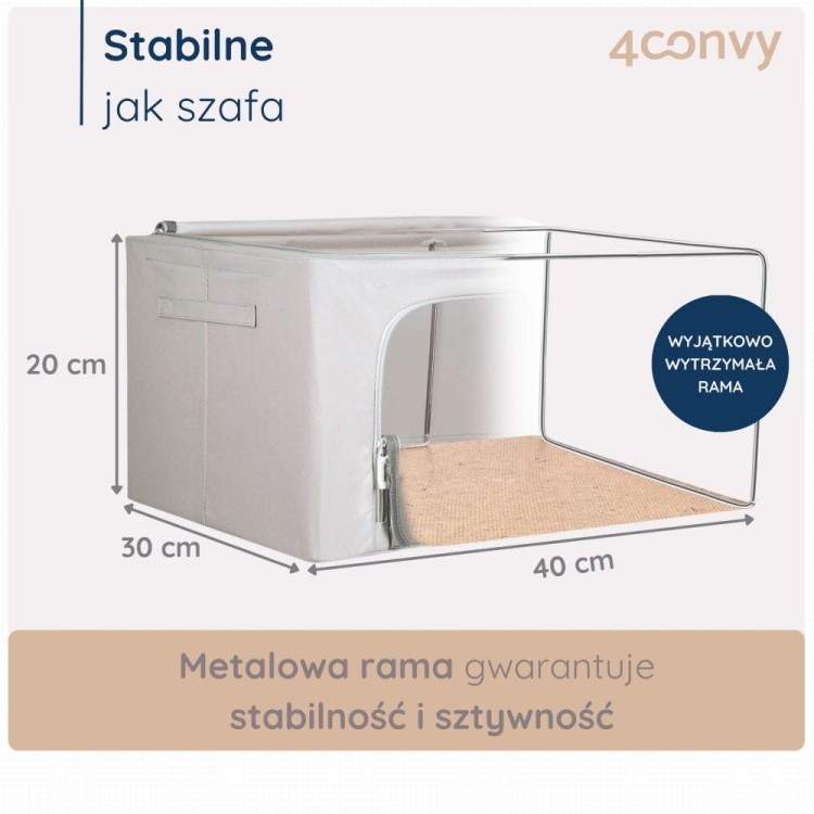 Torba do przechowywania 24 litry ze stelażem – sztywna i stabilna konstrukcja. Zdjęcie z wymiarami i szczegółami budowy torby.