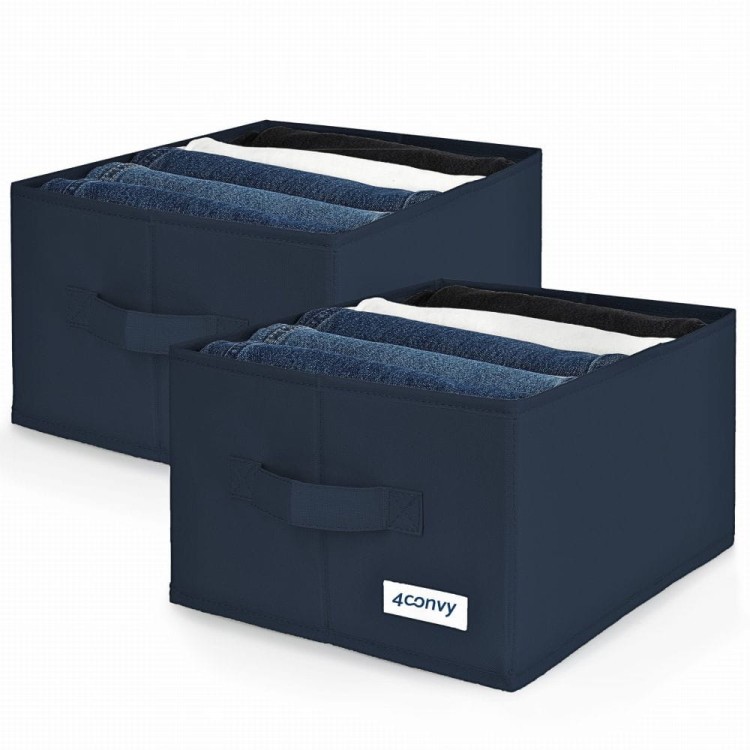 Zestaw dwóch granatowych organizerów na spodnie z 5 przegrodami, idealnych do przechowywania i porządkowania garderoby. Minimalistyczny design na białym tle podkreśla funkcjonalność produktu.
