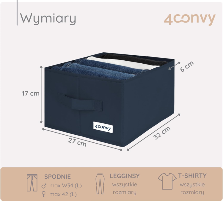Organizer na ubrania z podanymi wymiarami i informacją o pojemności – idealny do przechowywania spodni, koszulek i innych elementów garderoby. Praktyczne rozwiązanie do efektywnego zagospodarowania przestrzeni w szafie lub szufladzie.