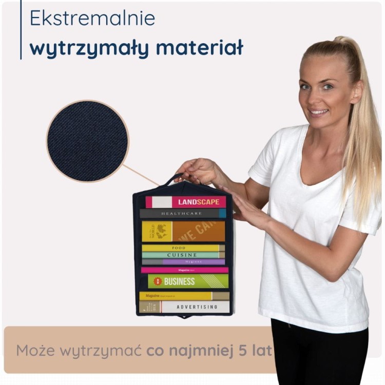 Modelka prezentuje organizer wykonany z ekstremalnie wytrzymałego materiału. Praktyczne i trwałe rozwiązanie do codziennego przechowywania odzieży – połączenie stylu i funkcjonalności.