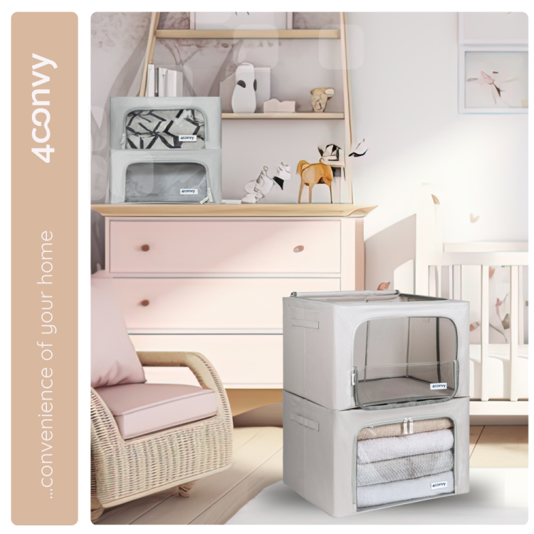 Dwie torby 4CONVY ze stelażem ułożone jedna na drugiej – stylowe i funkcjonalne przechowywanie w domowej przestrzeni.