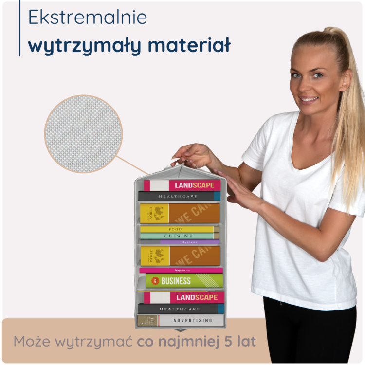Modelka prezentuje organizer wykonany z ekstremalnie wytrzymałego materiału. Praktyczne i trwałe rozwiązanie do codziennego przechowywania odzieży – połączenie stylu i funkcjonalności.