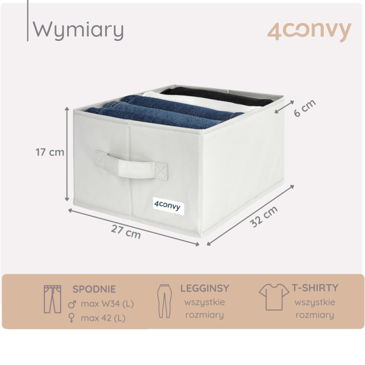 Organizer na ubrania z podanymi wymiarami i informacją o pojemności – idealny do przechowywania spodni, koszulek i innych elementów garderoby. Praktyczne rozwiązanie do efektywnego zagospodarowania przestrzeni w szafie lub szufladzie.