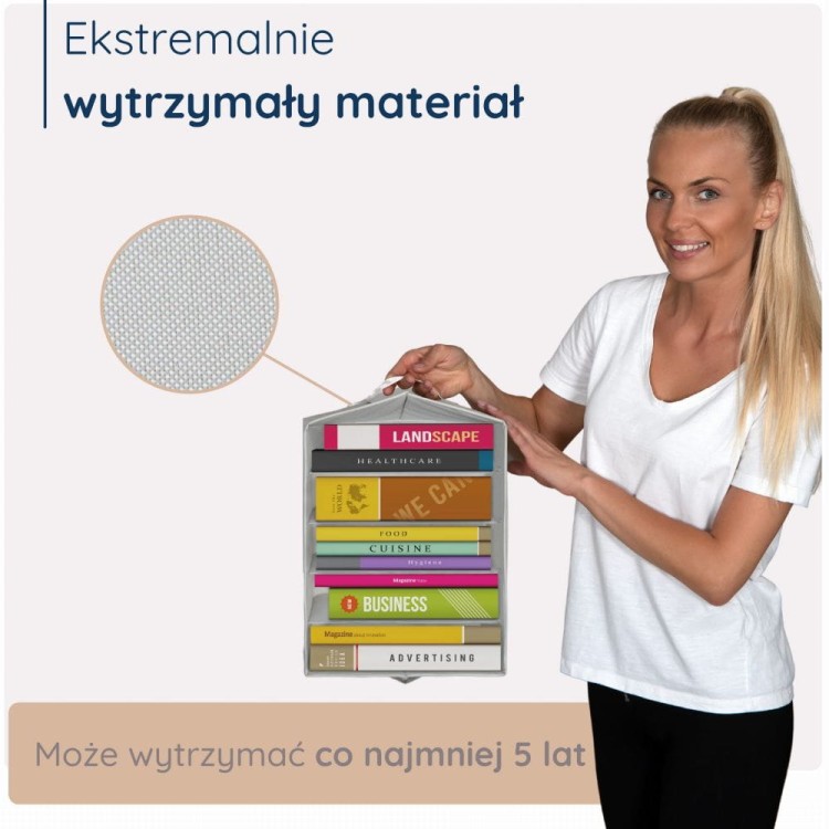 Modelka prezentuje organizer wykonany z ekstremalnie wytrzymałego materiału. Praktyczne i trwałe rozwiązanie do codziennego przechowywania odzieży – połączenie stylu i funkcjonalności.