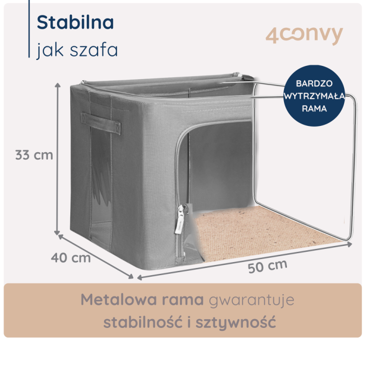 Torba do przechowywania 66 litrów ze stelażem – sztywna i stabilna konstrukcja. Zdjęcie z wymiarami i szczegółami budowy torby.