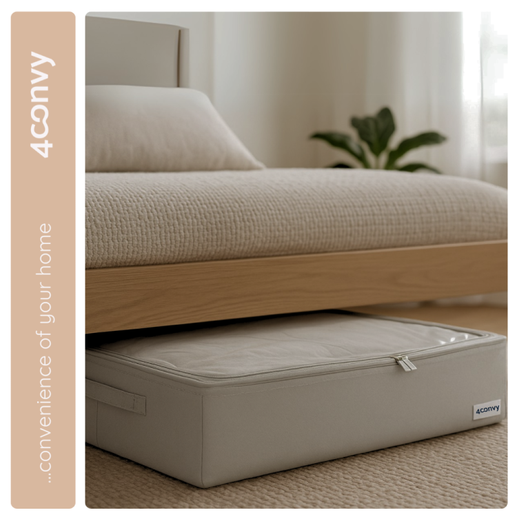 Praktyczne wykorzystanie materiałowego pojemnika 68L szarego. Pojemnik umieszony pod łóżkiem - idealnie się pod nim mieści.