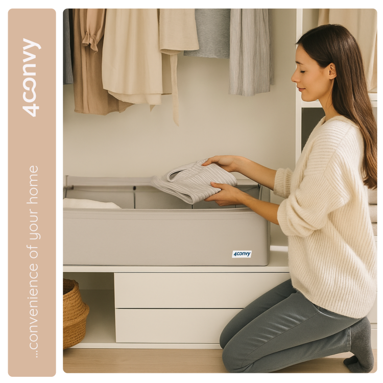 Zdjęcie lifestylowe z wykorzystaniem materiałowego pojemnika 68L szarego z otwarciem od góry.  Kobieta wsadza do niego ubranie.