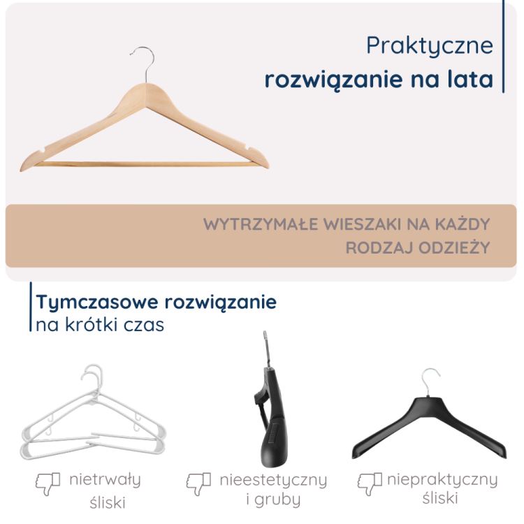 Praktyczne i trwałe rozwiązanie na lata – wytrzymały drewniany wieszak, idealny do przechowywania każdego rodzaju odzieży. W porównaniu z tymczasowymi, nietrwałymi wieszakami plastikowymi i nieestetycznymi modelami.
