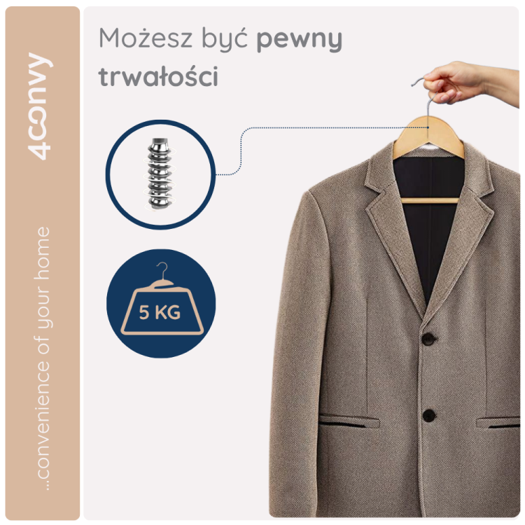 Drewniany wieszak o wyjątkowej trwałości, zaprojektowany, aby utrzymać do 5 kg odzieży. Dzięki solidnej konstrukcji i metalowemu haczykowi, wieszak jest idealny do przechowywania cięższych ubrań, takich jak marynarki czy garnitury.