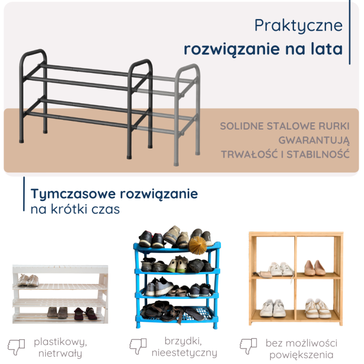 Stojak na buty z solidnymi stalowymi rurkami, które zapewniają trwałość i stabilność, idealny na lata. W porównaniu do tymczasowych, plastikowych stojaków i drewnianych opcji, które są mniej estetyczne i mają ograniczoną możliwość powiększenia.