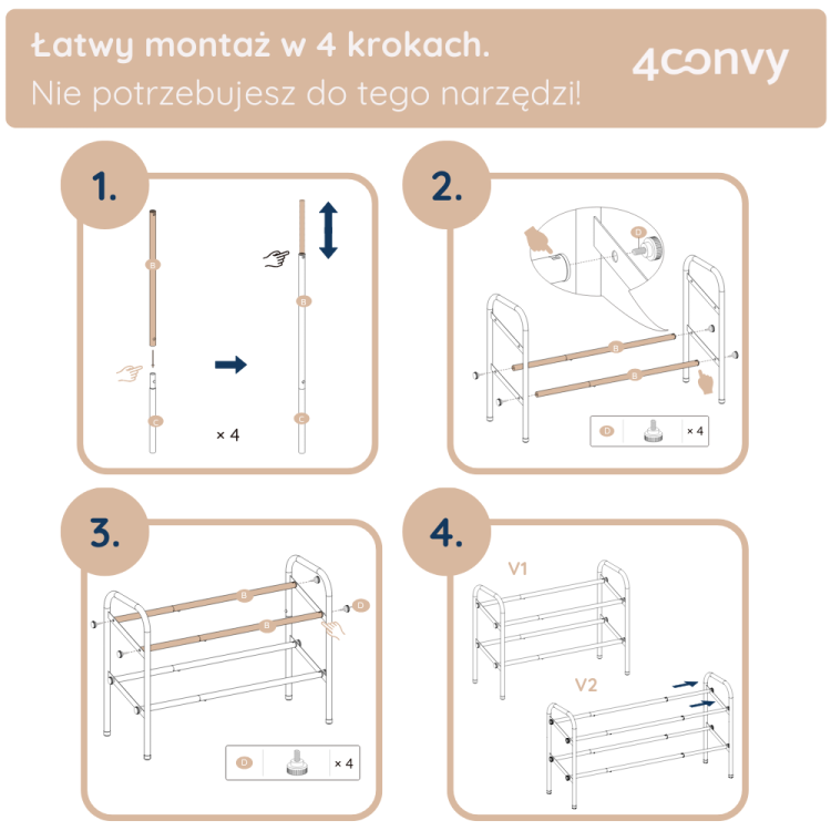 Łatwy montaż stojaka na buty w czterech prostych krokach, bez potrzeby użycia narzędzi. Instrukcja krok po kroku pokazuje jak połączyć elementy, zamontować półki i dokręcić wszystkie części stojaka.