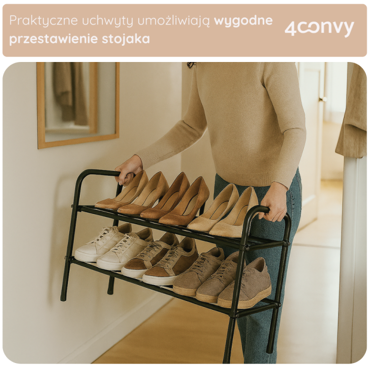Stojak na buty z praktycznymi uchwytami, które umożliwiają łatwe i wygodne przestawianie. Dzięki temu rozwiązaniu, przechowywanie butów staje się bardziej elastyczne i wygodne, umożliwiając szybkie dostosowanie przestrzeni w przedpokoju lub garderobie.