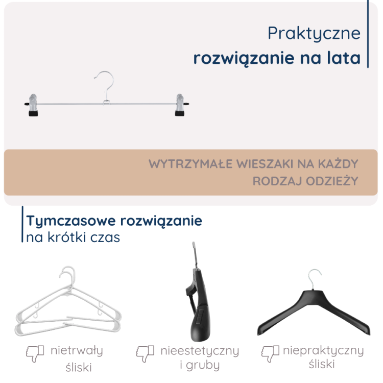 Wytrzymałe wieszaki na każdą odzież, idealne na lata, w porównaniu do tymczasowych rozwiązań, takich jak plastikowe wieszaki, które są nietrwałe, śliskie i nieestetyczne. Metalowy wieszak z klipsami zapewnia większą funkcjonalność i estetykę.