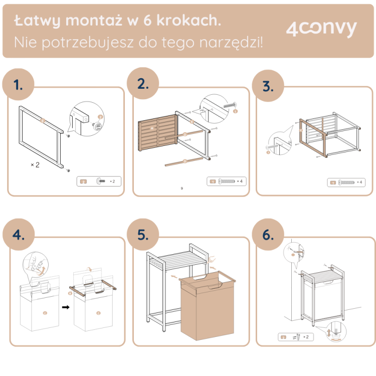 Prosty montaż szafki 4convy w 6 krokach – wszystko, czego potrzebujesz, to łatwe instrukcje. Montaż bez narzędzi, szybko i wygodnie, zapewniając solidną i estetyczną szafkę na pranie.