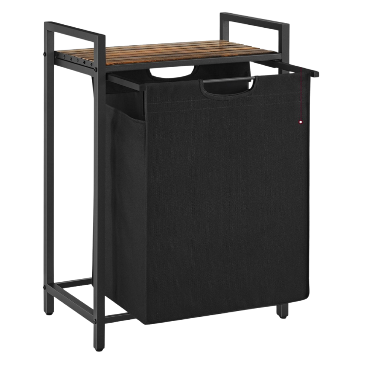 Elegancka szafka 4convy z drewnianym blatem i czarnym pojemnikiem na pranie. Doskonała do przechowywania odzieży, zaprojektowana z myślą o funkcjonalności i estetyce w każdym wnętrzu.