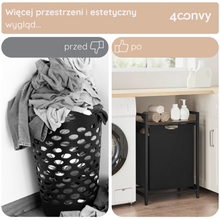 Przemiana przestrzeni z nieporządnego kosza na pranie do estetycznej szafki 4convy, która oferuje więcej przestrzeni i organizacji. Idealne rozwiązanie do pralni lub łazienki.