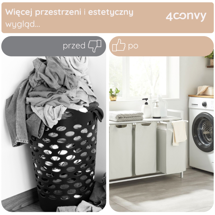 Przemiana przestrzeni: kosz na pranie zastąpiony stylową szafką 4convy, która oferuje więcej miejsca i estetyczny wygląd. Idealne rozwiązanie do porządkowania odzieży i przechowywania w łazience lub pralni.