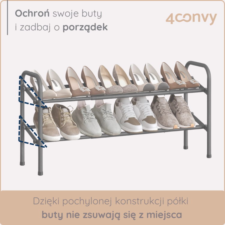 Stojak na buty z pochyloną konstrukcją półek, która skutecznie zapobiega zsuwaniu się obuwia. Dzięki temu buty pozostają na swoim miejscu, zapewniając porządek i estetyczny wygląd. Idealne rozwiązanie do przechowywania różnych rodzajów butów.