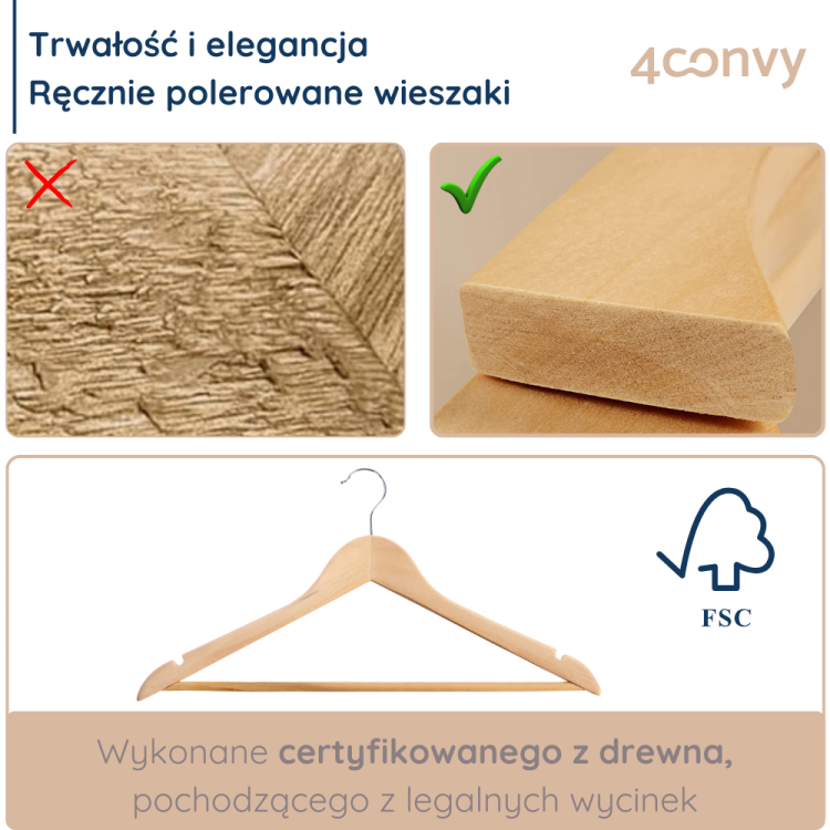 Ręcznie polerowane wieszaki drewniane, które łączą trwałość i elegancję. Wieszak wykonany z certyfikowanego drewna FSC, pochodzącego z legalnych wycinek, gwarantuje wysoką jakość i dbałość o środowisko.