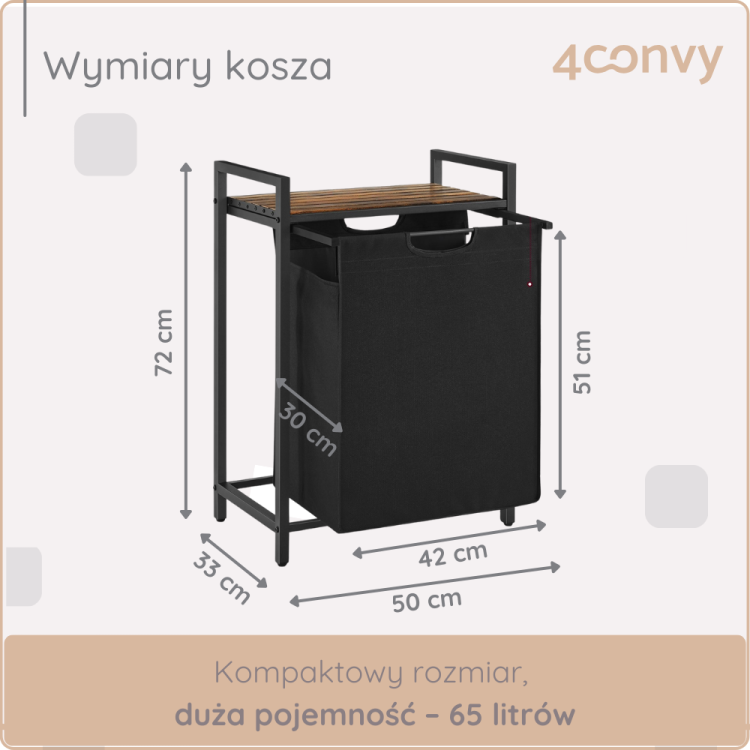 Kosz 4convy o wymiarach 72 cm (wys.) x 50 cm (szer.) x 51 cm (gł.) z pojemnością 65 litrów. Kompaktowy rozmiar i przestronność sprawiają, że jest to idealne rozwiązanie do przechowywania odzieży w pralni.