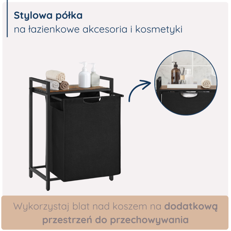 Szafka 4convy z pojemnikiem na pranie oraz dodatkową półką, która zapewnia dodatkową przestrzeń do przechowywania kosmetyków i akcesoriów łazienkowych. Praktyczne rozwiązanie do każdej łazienki lub pralni.