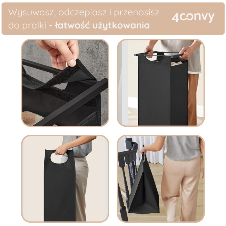 Kosz 4convy umożliwia łatwe wysuwanie, odczepianie i przenoszenie worka na pranie do pralki. Dzięki ergonomicznym uchwytom transport prania staje się szybki i wygodny.