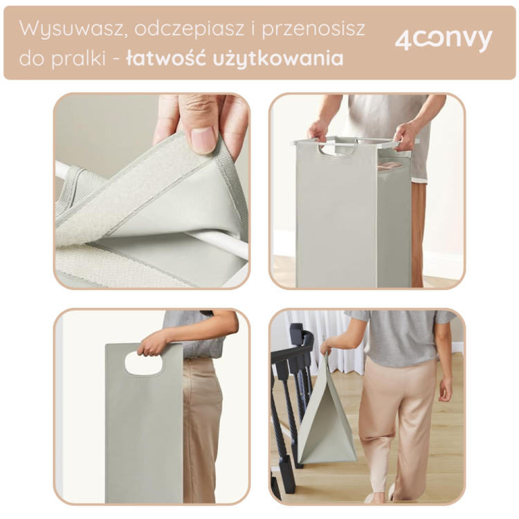 Szafka 4convy z workami na pranie umożliwia łatwe wysuwanie, odczepianie i przenoszenie do pralki. Ergonomiczne uchwyty i prosty sposób transportu sprawiają, że segregacja prania staje się wygodna i szybka