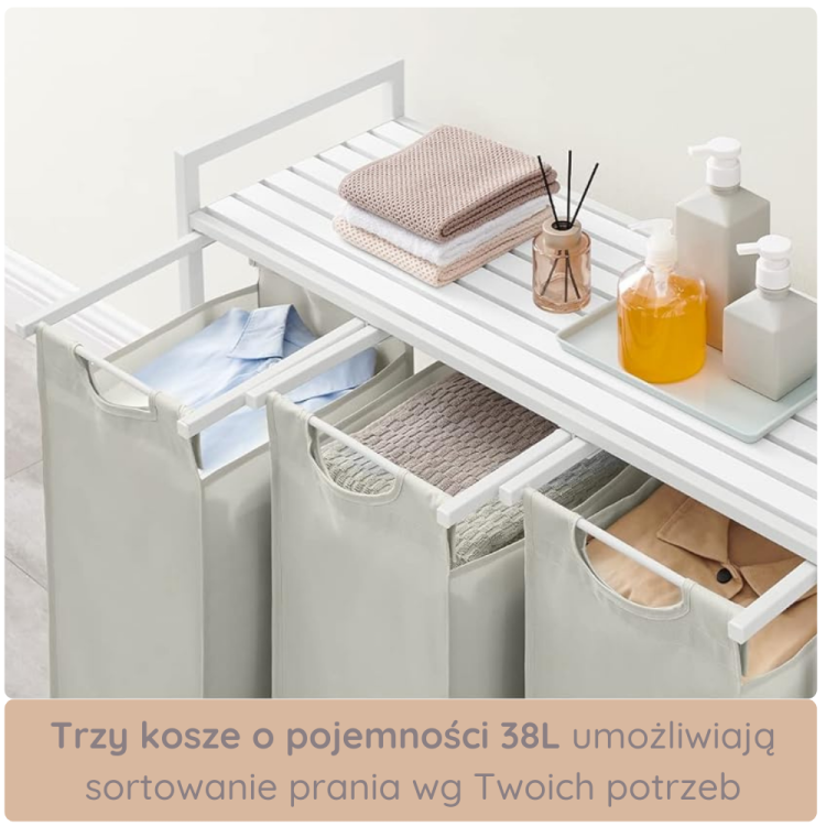 Trzy pojemniki o pojemności 38L w szafce 4convy, idealne do segregowania prania według potrzeb. Z pomocą tej szafki łatwo utrzymasz porządek w pralni, sortując odzież na czyste, kolorowe lub delikatne ubrania.