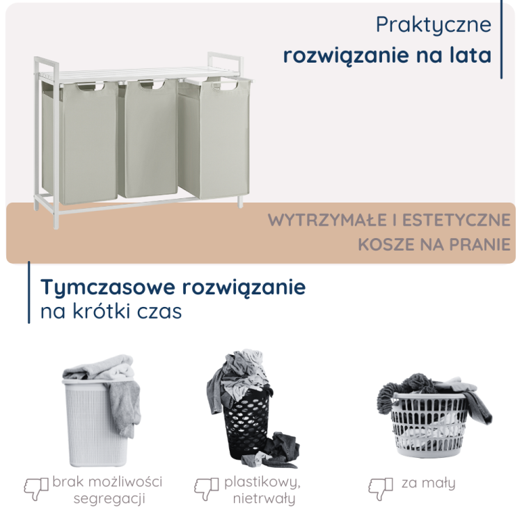 Szafka 4convy z trzema koszami na pranie to wytrzymałe i estetyczne rozwiązanie na lata. W porównaniu do plastikowych koszy, oferuje łatwą segregację i jest trwalsza, stanowiąc doskonały wybór do organizacji przestrzeni w pralni.