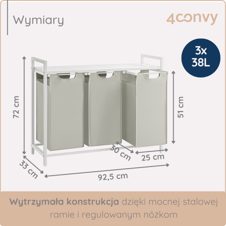 Szafka na pranie 4convy o wymiarach 92,5 cm (szer.) x 72 cm (wys.) x 51 cm (gł.) z trzema pojemnikami o pojemności 38L. Mocna stalowa rama i regulowane nóżki zapewniają stabilność i trwałość. Idealna do przechowywania odzieży w każdej pralni.