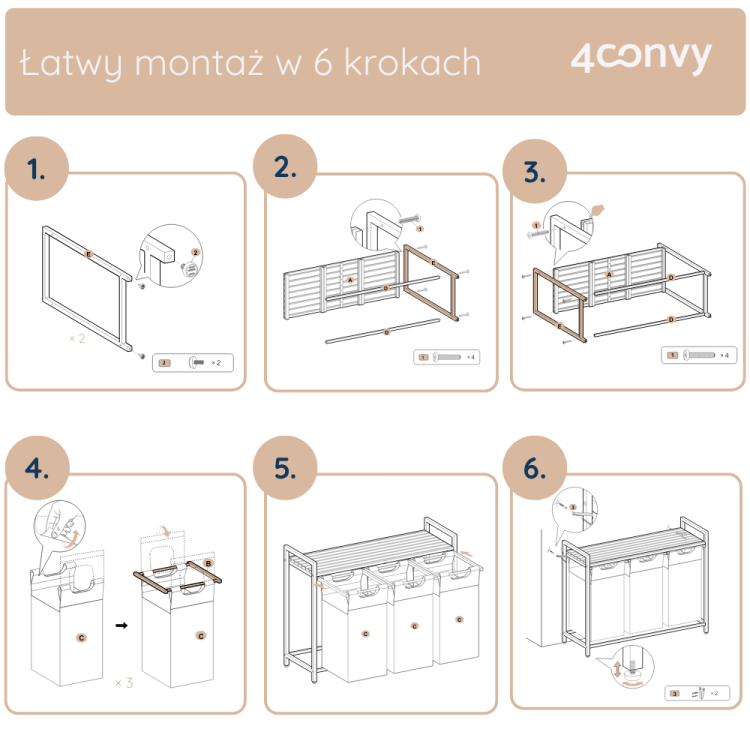 Prosty montaż szafki 4convy w 6 krokach. Instrukcja prowadzi przez cały proces od złożenia ramy, przez mocowanie pojemników na pranie, aż do finalnego montażu, zapewniając łatwość w użyciu i funkcjonalność.