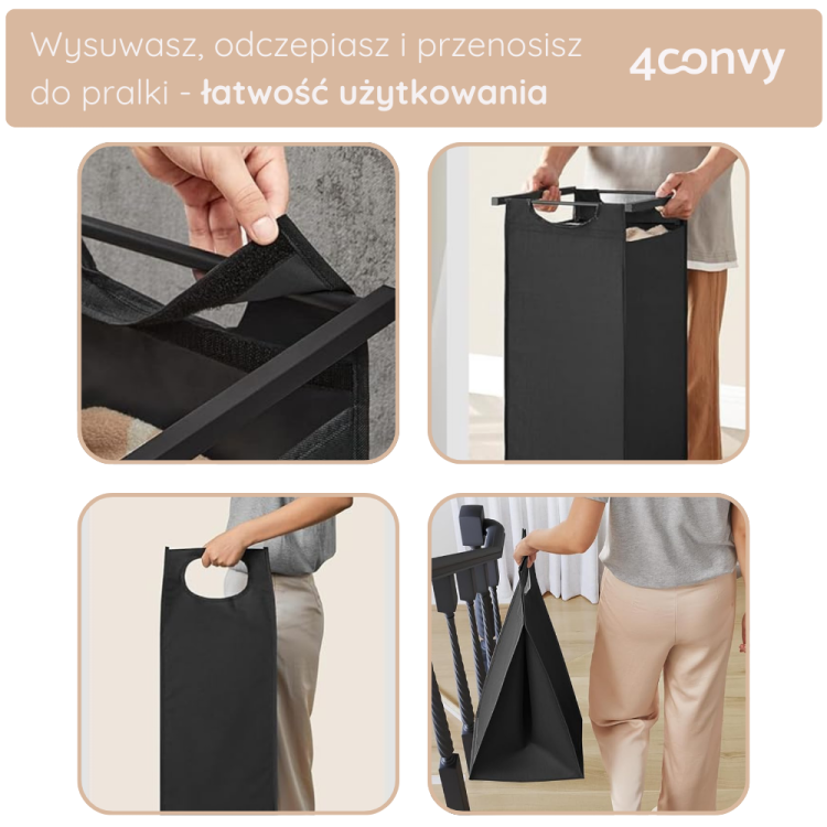 Szafka 4convy z workami na pranie umożliwia łatwe wysuwanie, odczepianie i przenoszenie do pralki. Ergonomiczne uchwyty i prosty sposób transportu sprawiają, że segregacja prania staje się wygodna i szybka