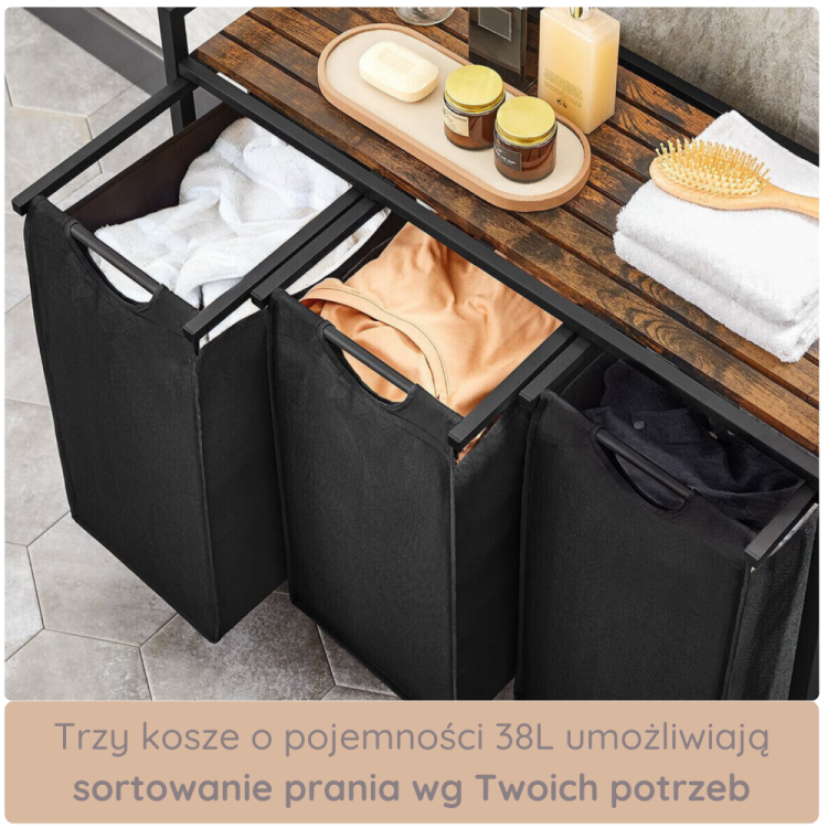 Trzy pojemniki o pojemności 38L w szafce 4convy, idealne do segregowania prania według potrzeb. Z pomocą tej szafki łatwo utrzymasz porządek w pralni, sortując odzież na czyste, kolorowe lub delikatne ubrania.