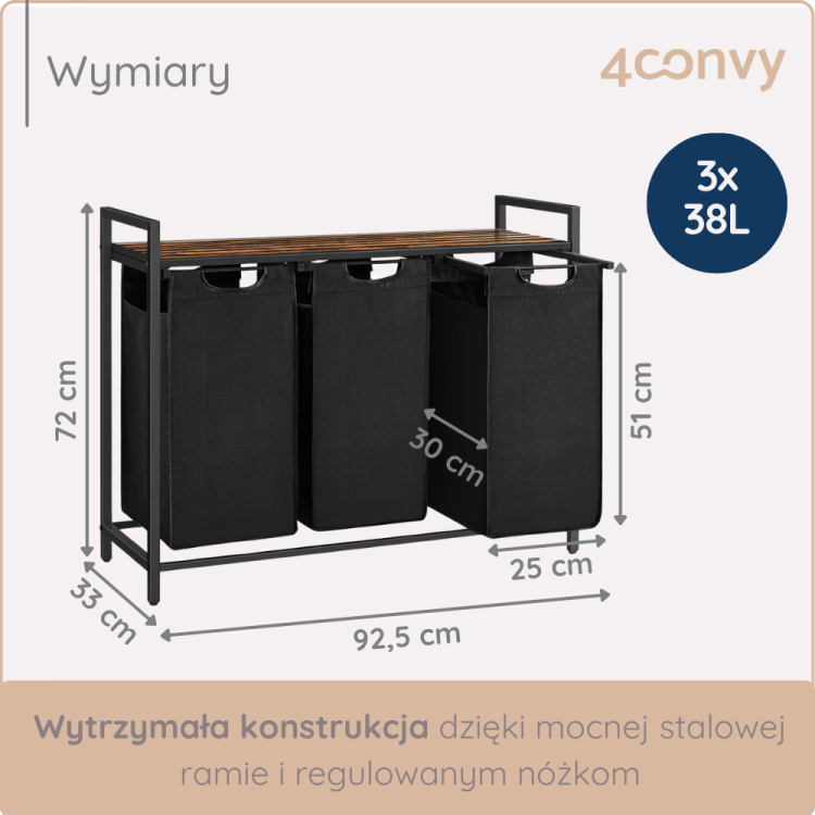 Szafka na pranie 4convy o wymiarach 92,5 cm (szer.) x 72 cm (wys.) x 51 cm (gł.) z trzema pojemnikami o pojemności 38L. Mocna stalowa rama i regulowane nóżki zapewniają stabilność i trwałość. Idealna do przechowywania odzieży w każdej pralni.