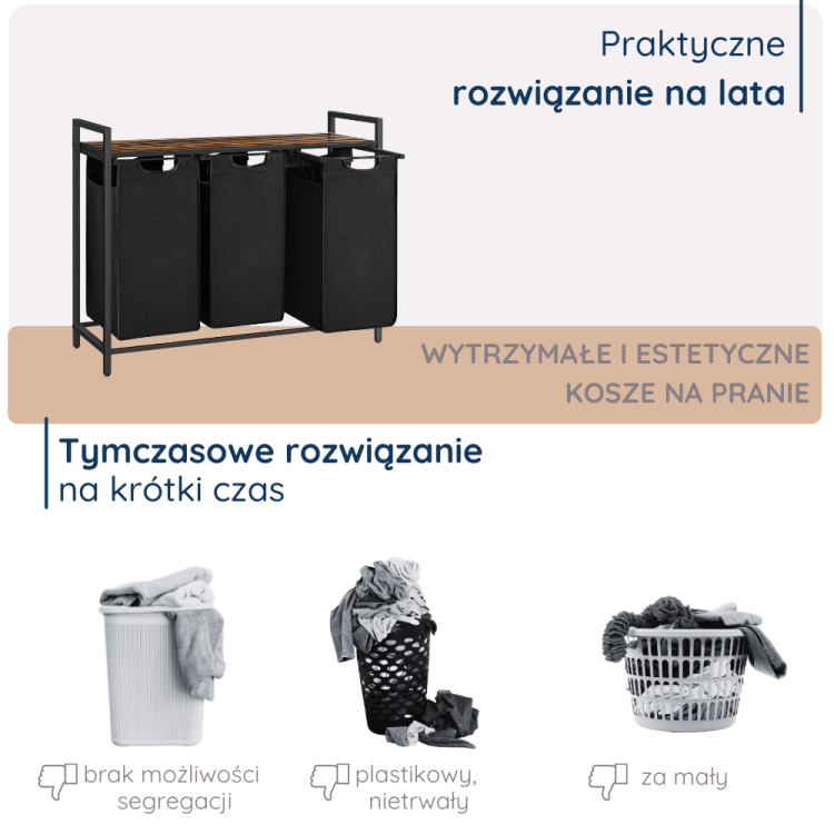 Szafka 4convy z trzema koszami na pranie to wytrzymałe i estetyczne rozwiązanie na lata. W porównaniu do plastikowych koszy, oferuje łatwą segregację i jest trwalsza, stanowiąc doskonały wybór do organizacji przestrzeni w pralni.