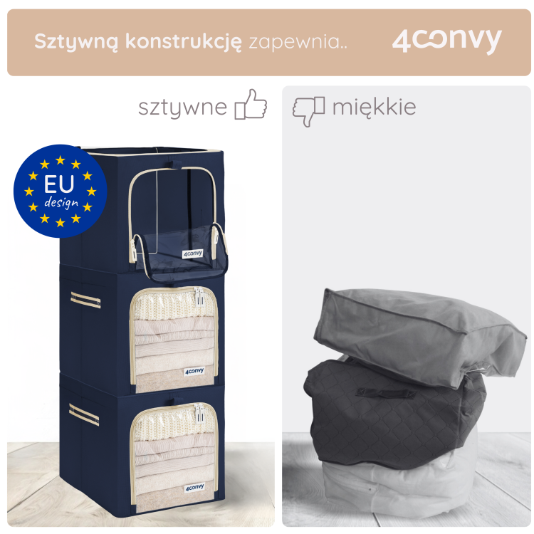 Porównanie toreb 40 L – nasze torby są sztywne i można je stabilnie układać jedna na drugiej, w przeciwieństwie do miękkich toreb konkurencji.