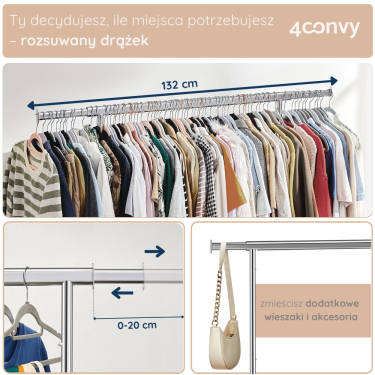 Stojak na ubrania 4convy z rozsuwanym drążkiem, który umożliwia regulację przestrzeni do 132 cm. Idealny do przechowywania odzieży oraz dodatkowych akcesoriów, takich jak torby czy wieszaki.