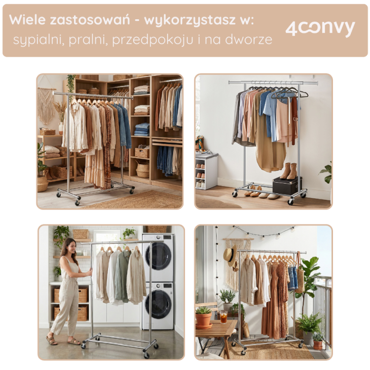 Wszechstronny stojak na ubrania 4convy, który znajdzie zastosowanie w sypialni, pralni, przedpokoju i na balkonie. Mobilny i praktyczny, pozwala na przechowywanie ubrań w każdym pomieszczeniu oraz suszenie na zewnątrz.