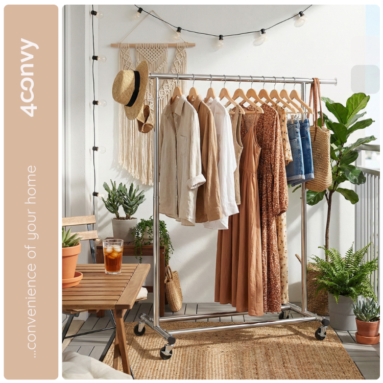 Stojak na ubrania 4convy idealny do suszenia odzieży na świeżym powietrzu. Mobilny i praktyczny, doskonale sprawdza się na balkonie lub tarasie do przechowywania i suszenia ubrań.