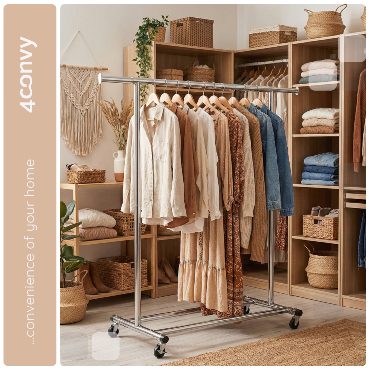 Stojak na ubrania 4convy doskonały do przechowywania odzieży w garderobie. Idealny do zawieszania swetrów, koszulek i innych ubrań, zapewniając porządek i łatwy dostęp do odzieży.