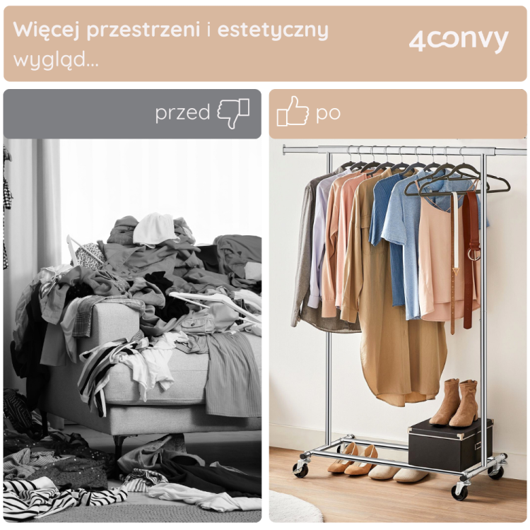 Stojak na ubrania 4convy doskonały do przechowywania odzieży w garderobie. Idealny do zawieszania swetrów, koszulek i innych ubrań, zapewniając porządek i łatwy dostęp do odzieży.