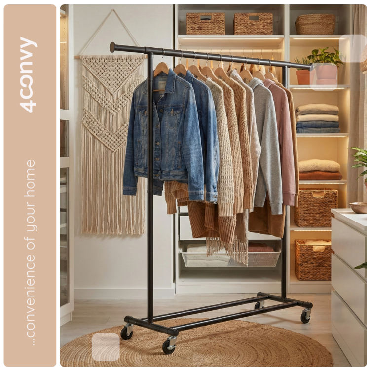 Stojak na ubrania 4convy doskonały do przechowywania odzieży w garderobie. Idealny do zawieszania swetrów, koszulek i innych ubrań, zapewniając porządek i łatwy dostęp do odzieży.