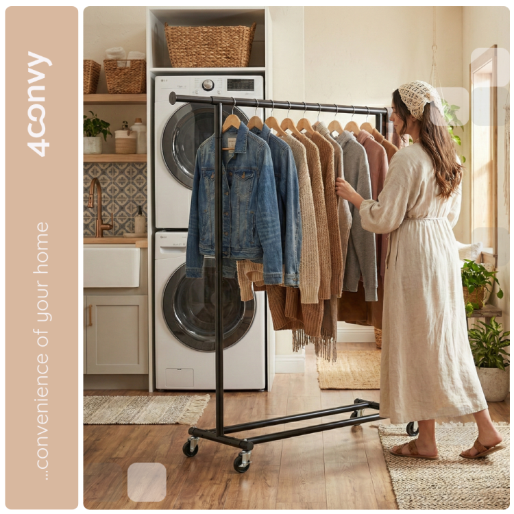 Stojak na ubrania 4convy doskonały do przechowywania odzieży w garderobie. Idealny do zawieszania swetrów, koszulek i innych ubrań, zapewniając porządek i łatwy dostęp do odzieży.