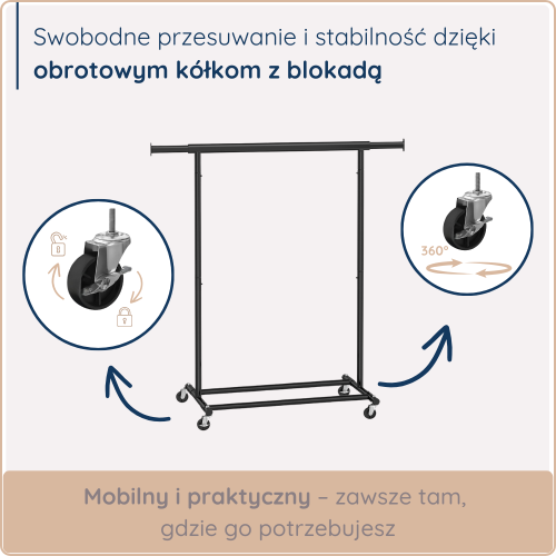 Stojak na ubrania z obrotowymi kółkami i blokadą, zapewniającymi mobilność i stabilność. Idealny do łatwego przesuwania w dowolne miejsce, doskonały do przechowywania odzieży w domu.