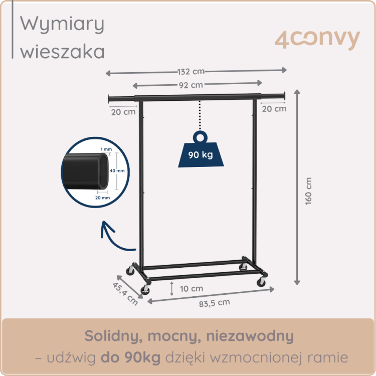 Stojak na ubrania 4convy z pojemną półką, która zapewnia dodatkową przestrzeń na buty i akcesoria. Idealne rozwiązanie do porządkowania przestrzeni w szafie, przedpokoju lub garderobie.
