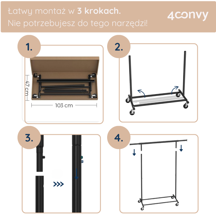 Stojak na ubrania 4convy o wymiarach 132 cm (szer.) x 160 cm (wys.) x 92 cm (gł.). Zapewnia wytrzymałość i stabilność, z maksymalnym udźwigiem do 90 kg dzięki wzmocnionej konstrukcji.
